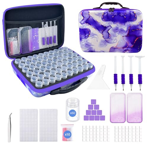 SuSentak Diamond Art Storage Containers with Dot Drill Tools,60 Slots Bead Organizer Case for 5D DIY Art Kits, Portable Craft Box for Diamond Painting Accessories (Purple)