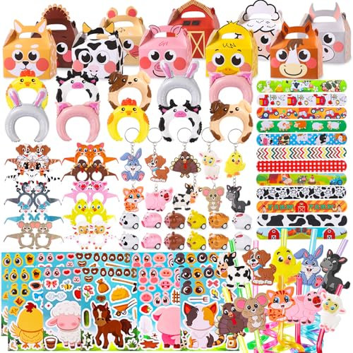 DTYDECLE 86pcs Animal Farm Party Bag Fillers, Animal Farm Party Favors Paper Box, Straw, Paper Glasses, Key Chain, DIY Stickers Gift Bag for Animal Theme Birthday Party Favors
