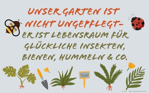 Wetterfestes Gartenschild Insektenfreundlicher Garten, Lustiger Spruch, Blühwiese, 40 x 25 cm, 1 mm Dicke,
