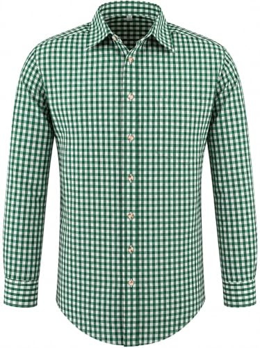 TR Martha Trachtenhemd Herren Oktoberfest Hemd Outfit Tracht Kariertes Hemd Rot Trachtenhemden Freizeithemd Langarm Karohemd Baumwolle S-3XL (L, Grün)