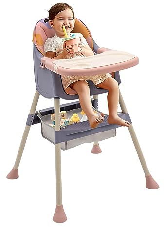 Trona alta para bebé con bandeja doble, trona ajustable con reposapiés y tabla de comedor, cinturón de seguridad de 3 puntos, silla de bebé para bebés, niños y niñas (lila, rosa)