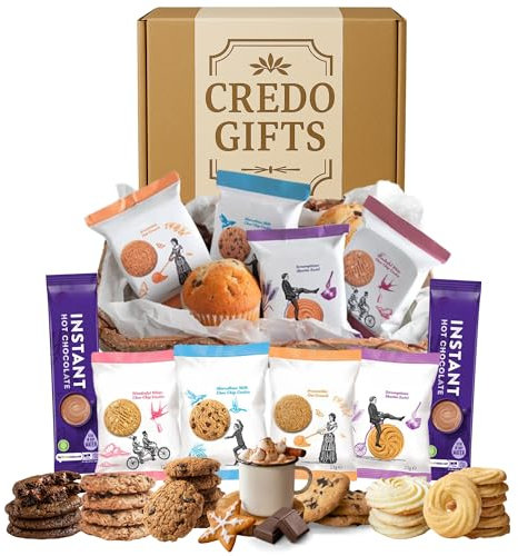 Luxury Biscuits Gift Set Hamper with Hot Chocolate – 2 Packs Each of White Choc Chip, Shortie Swirl, Oat Crunch, Choc Chip Cookies & Hot Chocolate Sachets – Cookie Hamper Gifts for Men & Women