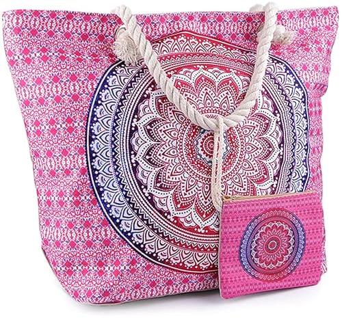 Washati Strandtasche Boho Mandala - XXL Sommertasche mit Kordelgriffen, 50×39×16 cm, inkl. passendem Mini-Täschchen - Shopper für Strand, Picknick, Urlaub, Freizeit, Pool