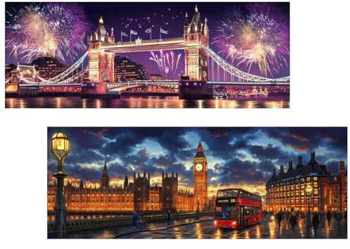 Ginfonr 2PCS Large Diamond Art Kits for Adults, Big Ben Diamond Painting for Adults, Diamond Decor Landscapes Full Drill, Diamonds Craft Embroidery Rhinestone for Home Wall Decor 31.5 x 11.81 inch