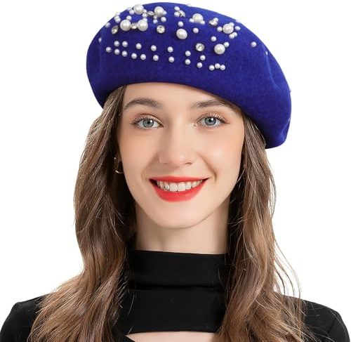 WELROG Perlen Baskenmützen für Damen Französische Baskenmützen für Damen Warme Mützen für Herbst und Winter Elegante Mützen für Verschiedene Frisuren