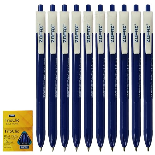 ZOFAX TrioClic Retractable Ballpoint Pens, BLUE, Medium Point (1.0mm), Pack of 50, Smooth Writing, Triangular Grip, Bulk Pack, Perfect for School Office Home Business Hospital Everyday Use