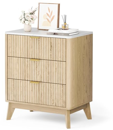 Pamapic Kommode mit 3 Schubladen, Komodenschrank mit Kunstmarmorplatte, Schubladenschrank mit Goldfarbener Metallgriff, Sideboard für Schlafzimmer, Wohnzimmer, Flur, Holzwerkstoff, 60 x 40 x 70 cm