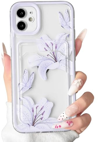 NITITOP Compatible with iPhone 11 Case Clear with Card Holder Cute Lily Flowers Floral Pattern Butterfly for Women Girls Color Frame Wallet Soft TPU Shockproof Protective Cover - Purple