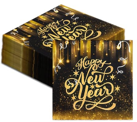 40 Stück Silvester Servietten 33 x 33 cm, Happy New Year Servietten, Silvester Deko 2026 Papierservietten Schwarz Gold Neujahr Partyservietten Tischdeko Party Zubehör, Neujahr Party Dekoration