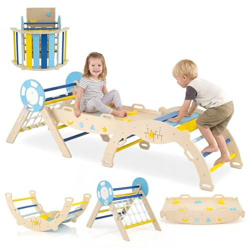 COSTWAY 7 in 1 Set da Arrampicata per Bambini, Giochi da Arrampicata Pieghevole con Arco, Rampa e Scala a Corda, con Blocchi e Gioco del Labirinto (Marinaio 3 pezzi con rete, Macaron)
