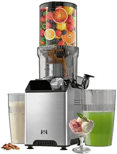 WHUTO Cold Press Juicer, Wide Feed Chute Juicer Machines, Stainless Steel Slow Masticating Juicers Easy to Clean, Vegetables & Fruits Juice Extractor, High Juice Yield, Silver Knob