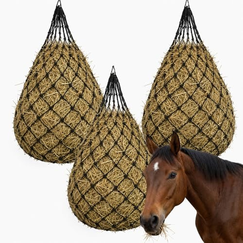 3 stück Heunetz für Pferde Engmaschig – 10kg Runder Heusack | Tragetasche, Hängendes Heutasche als Pferd Futternetz, Stall/Weide/Pferdeanhänger, Rundballen & Heuballen, Langsames Füttern