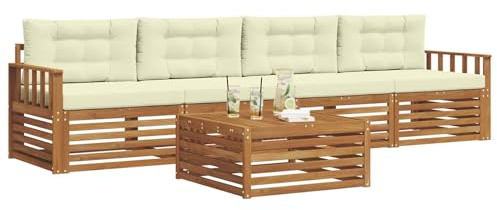 vidaXL Outdoor-Sofagarnitur mit Kissen 5 pcs Natur und Creme, Gartenlounge, modernes Outdoor-Sofa, Sitzmöbel für die Terrasse, langlebige Komfort-Einheit
