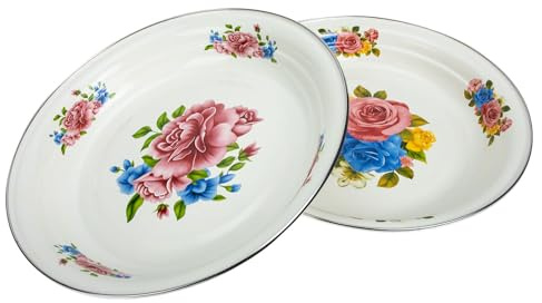 INOOMP Lot de 2 Assiettes Émaillées Style Rétro Épaisses pour Fruits et Service, Design Vintage Coloré, Solide Maison Fêtes