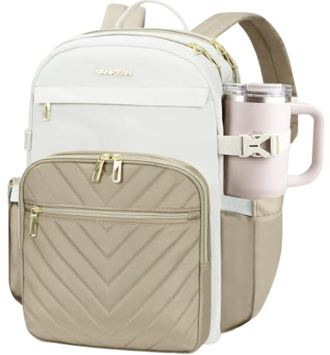 VANKEAN 15.6 Zoll Laptop Rucksack Damen,Beige/Khaki | Schulrucksack Wasserdicht Damen Herren Arbeitstasche für Universität Business Arbeit Reisen Camping