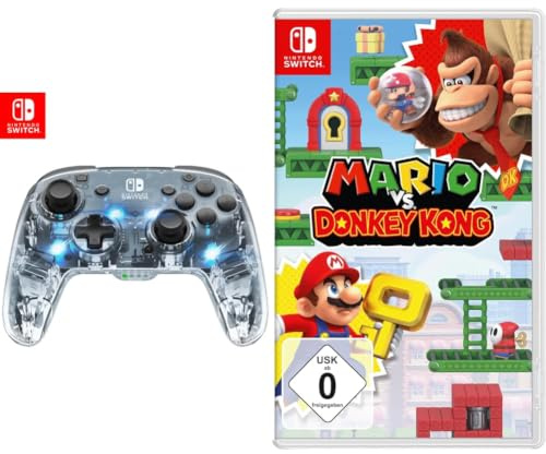 Afterglow LED Drahtlos Deluxe Gaming Controller - Lizenziert durch Nintendo für Switch u. OLED - RGB Hue Color Lights - See-through Gamepad - Paddle Buttons + Mario vs. Donkey Kong [Nintendo Switch]