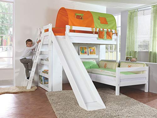 Froschkönig24 Etagenbett Sky Kinderbett mit Rutsche Spielbett Bett Weiß Stoffset Grün/Orange