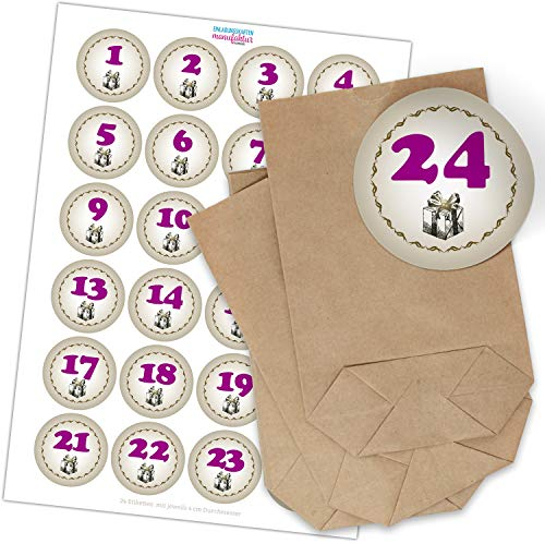 Adventskalender zum Befüllen mit 24 Tüten und 24 weihnachtlichen Zahlen Aufklebern für Weihnachten, Advent, kleine Geschenke