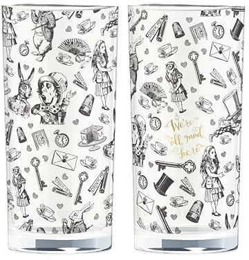 V&A Alice in Wonderland Highball Glasses in Gift Box, Glass, 330 ml - (Set of 2), Golden,gold,white