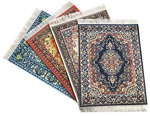 Set of 4 Carpet Mousepads, Oriental Miniature Rug Style Computer Mouse Pad, Non-Slip, Elegant Office Accessories, Blue Beige