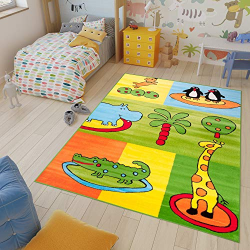 TAPISO Kinder Teppich Kurzflor Kinderteppich Weich Karo Zoo Tiere Muster Bunt Grün Gelb Designer Kinderzimmer ÖKOTEX 80 x 150 cm