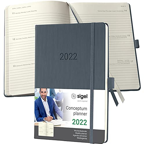 SIGEL C2266 Terminplaner Wochenkalender 2022 - ca. A5 - grau - Hardcover - 192 Seiten - Gummiband, Stiftschlaufe, Archivtasche - PEFC-zertifiziert - Conceptum