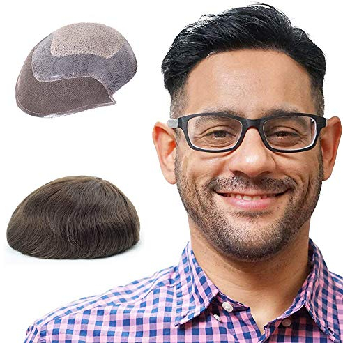 Lordhair Knotenlos Toupet für Männer, Haut Eben Injiziert Spitzenfront Mensch Haar System, Basisgröße 8x10 Zoll Leichte Mittlere Dichte Herren Haarteil