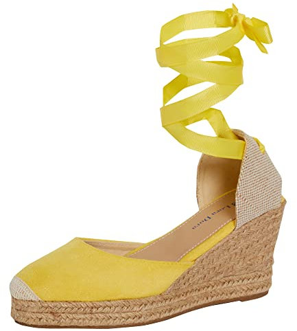 Sandalias de cuña de esparto para mujeres Sandalias de esparto de cuña para mujeres de cuña de hessian Sandalias de cuña de esparto de mujer con tiras de pierna atadas al tobillo, Limón, 38 EU