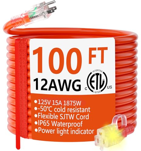 12/3 Gauge Heavy Duty Outdoor Extension Cord 100 ft Waterproof with Lighted end, Flexible Cold-Resistant 3 Prong Electric Cord Outside, 15Amp 1875W 12AWG SJTW, Orange, ETL HUANCHAIN