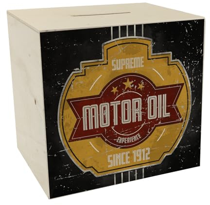 Motor Oil Benzin Spardose aus Holz im Used-Look Tankgeld Sparbüchse aus Holz sparen für Benzin und Spritgeld