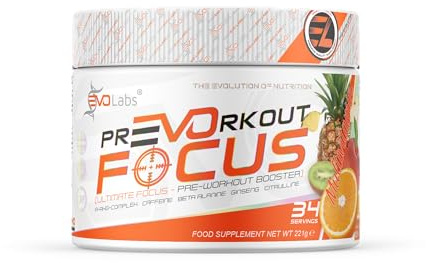 EVOLabs® PrEVOrkout Focus Pulver 221g Pre-Workout Booster,Pump&Gaming Booster mit N-Acetyl-L-Cystein, Beta-Alanin, Guarana, Taurin&Siberian Ginseng, Trainingsbooster (Multivitamin)