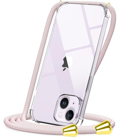 CAROKI Crossbody Case for iPhone 14 Plus,Necklace Mobile Phone Cover with Cord Strap Clear Transparent TPU Soft iPhone 14 Plus Cover Holder with Neck Cord Lanyard Strap-Rose Gold