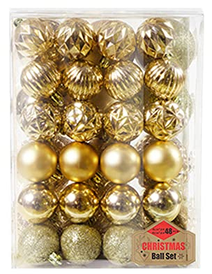48er Set Christbaumkugeln,6cm Weihnachtskugeln Christbaumschmuck Kugeln Kunststoff Weihnachtskugeln Weihnachtsdeko Set Plastik Bruchsicher Weihnachten Hängende Kugel Weihnachtsbaum Deko,Gold