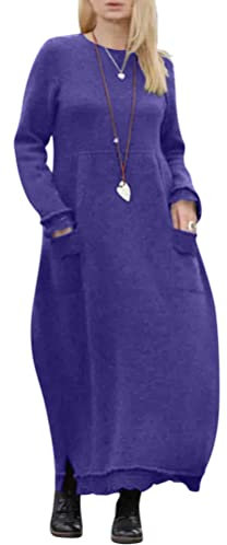 Onsoyours Femmes Pull Robe Col Rond Solide Couleur Chandail À Manches Longues Lâche Pullover Maxi Dress Long Hiver Robe Tunique avec Poches Style Violet XL