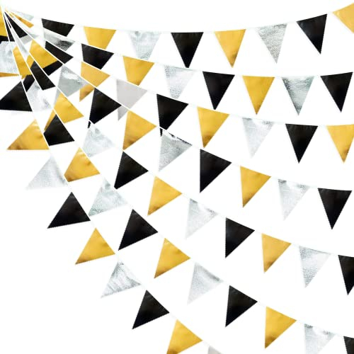 32Ft Schwarz Gold Silber Stoff Dreieck Banner Flagge Doppelseitig Metallic Holographische Wimpel Girlande für Geburtstag Urlaub Hochzeit Babyparty Jubiläum Abschluss Thema Party Dekorationen