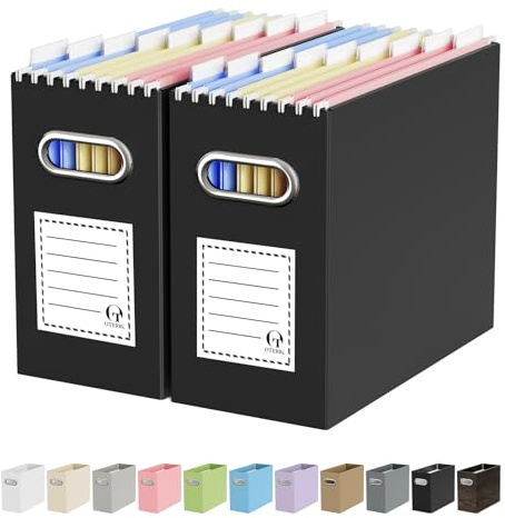 Oterri File Organizer Box, Portable Collapsible Cardboard File Folder Organizer with Handle for Letter Size Hanging Files, Document Storage Box for Home Office & Classroom (2 Packs, Black)