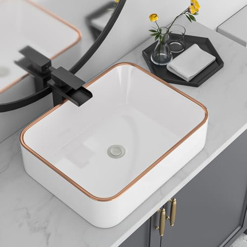lofeyo Waschbecken rechteckig – 48,3 x 38,1 cm Badezimmerwaschbecken rechteckig weiß goldene Keramik über der Theke Porzellan Waschbecken Waschtisch Waschbecken