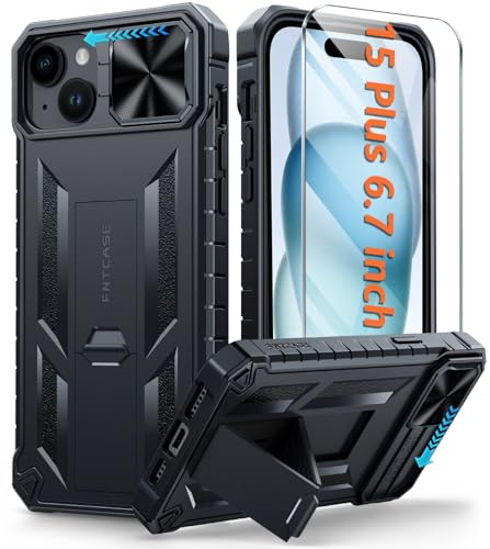 FNTCASE for iPhone 15 Plus Case: Rugged Military Grade Full Protection Shockproof Protective Case with Kickstand | TPU Textured Heavy Duty Hard Bumper Phone Cover for iPhone 15 Plus Black