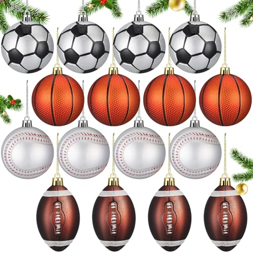 Syhood 16 Stück Weihnachts-Sportbälle, Weihnachtsdekoration mit Aufhängeschlaufe, Rugby-Thema, Basketball, Baseball, Fußball, Tennis, Weihnachtsbaumschmuck für Weihnachten, Party, Dekoration, 8,9 cm