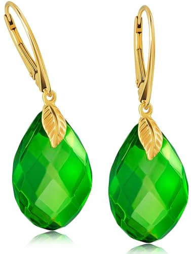 Amber by Mazukna - Grüne Bernstein Kristall Ohrringe, Vergoldete Hängende Anhänger Ohrringe für Damen, Natürlicher Edelsteinschmuck, leichter Halbedelstein