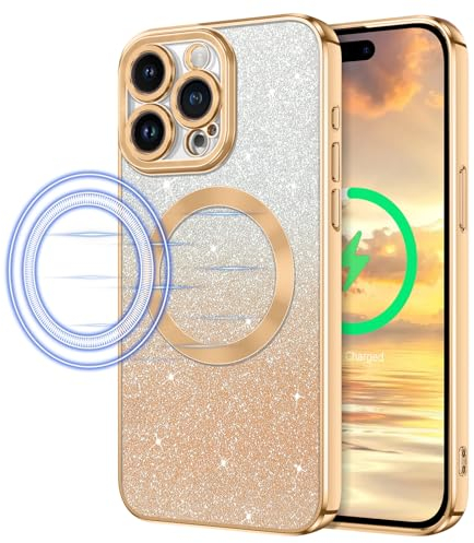 DOMAVER Glitzer Hülle für iPhone 15 Pro Max kompatible mite Mag Safe, Handyhülle iPhone 15 Pro Max 6.7'' Case,Dünn Stoßfest Magnetisch Schutzhülle für Mädchen und Frauen,Farbverlauf Gold