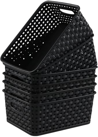 Uumitty Set of 6 Plastic Weave Baskets, Woven Plastic Storage Basket, Black