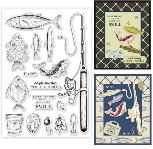 ORIGACH Angeln Thema klare Stempel für Kartenherstellung Angelrute und Fisch Transparente Silikonstempel für DIY Scrapbooking Journaling Foto Album Kunsthandwerk Zubehör