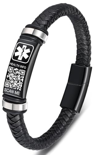 Theluckytag Verbessertes medizinisches Armband für Herren mit QR-Code, medizinische Notfall-ID-Armbänder – 17,8 cm – 20,3 cm, gewebtes Vintage-Lederarmband, Schnalle, mehr Platz sparen,