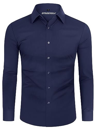 DEMEANOR 4-Way Stretch Mens Shirts Long Sleeve Muscle Fit Formal Dress Shirts for Men Non Iron Casual Shirts Business Wedding Work Navy