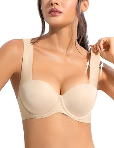 Upushall Padded Push Up Bras for Women,Balconette Seamless Bombshell,Comfy T Shirt Bra,Widen Straps Add 2 Cups, Nude, 32C