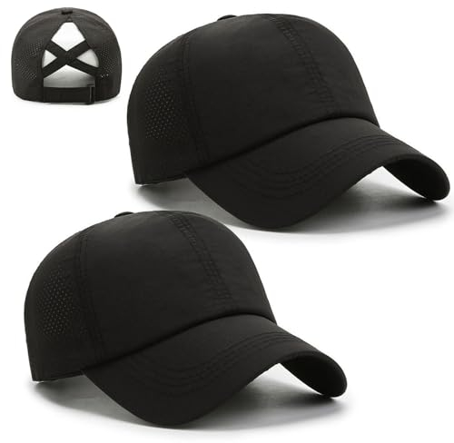 FUIPVGI 2 Stücke Baseball Cap Damen, Sonnenhut Mit Zopfloch, Pferdeschwanz Baseballkappe Damen Einstellbare Schnell Trocknende Masche Atmungsaktiv Basecap Kappe Damen Mädchen (Schwarz)