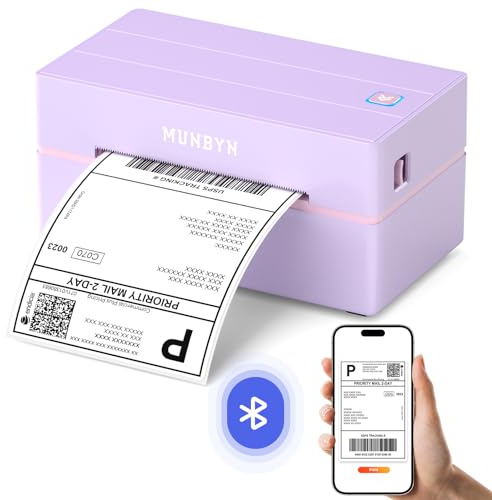 MUNBYN DHL Etikettendrucker Bluetooth, Label Printer 4x6 Versandetiketten Drucker, Thermodrucker Labeldrucker für Shopify Zalando Ebay Etsy Amazon DPD UPS, mit 25 Etiketten, ITPP130B Lila