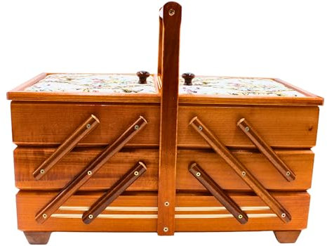 Dekohelden24 Hochwertiger Nähkasten, Nähkästchen aus Furnierholz mit 7 Fächern und Stoffbezug Rosenmotiv in Mahagoni, L/B/H 42 x 20 x 21 cm