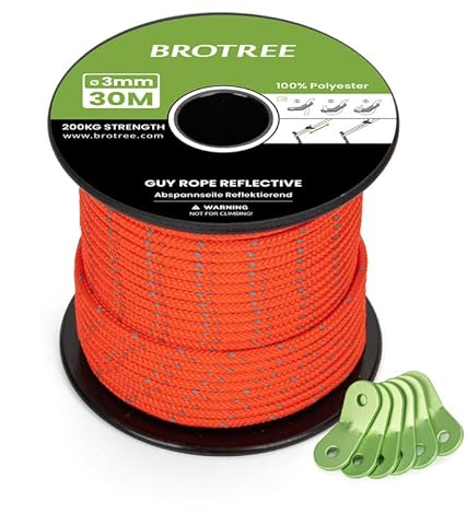 BROTREE Abspannseile Camping 30m Zeltschnur mit 6 x Spanner 3mm Reflektierend Abspannseile mit Seilspanner für Zelt Camping Sonnensegel Vorzelt (Neon Orange)